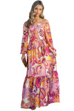 Multicolour Boho Floral Smocked Off Shoulder Puff Sleeve Maxi Dress
