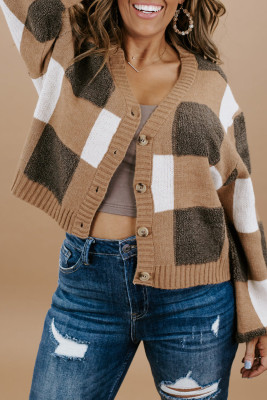 Brown Checkered Knit Ribbed Trim Buttoned Plus Cardigan