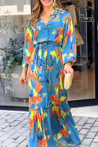 Blue Printed Buttoned Lantern Sleeves Maxi Dress