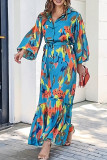 Blue Printed Buttoned Lantern Sleeves Maxi Dress