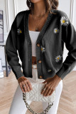Daisy Embroidery V Neck Open Button Cardigan