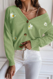 Daisy Embroidery V Neck Open Button Cardigan
