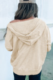 Apricot Half Buttoned Ribbed Trim Loose Fit Pullover Hoodie