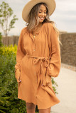 Camel Puff Sleeve Crinkled Shirt Dress