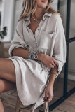 Gray Rolled-Up Sleeve Buttoned Drawstring Textured Dress
