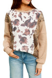 Smoke Gray Abstract Print Sequin Patch Pullover Top