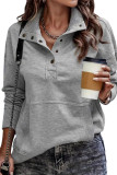 Gray Ribbed Hem Snap Button Neckline Sweatshirt with Pocket