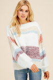 Multicolor Colorblock Striped Bishop Sleeve Fuzzy Sweater