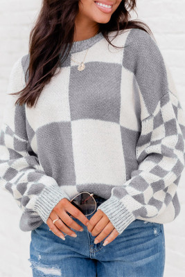 Medium Grey Checkered Print Drop Shoulder Sweater