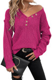 Rose Red Pointelle Knit Button V Neck Drop Shoulder Sweater