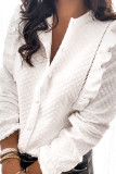 Bright White Quilted Ruffled Buttons Crew Neck Shirt