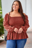 Red Plus Size Square Neck Printed Peplum Top