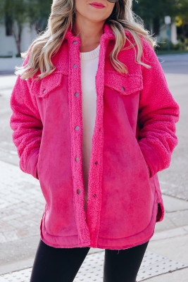 Dark Pink Faux Suede Sherpa Patchwork Button-up Shacket