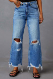 Blue Washed Distressed Flare Jeans Pants
