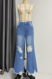 Blue Washed Distressed Flare Jeans Pants