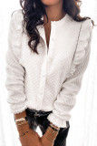 Bright White Quilted Ruffled Buttons Crew Neck Shirt