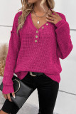 Rose Red Pointelle Knit Button V Neck Drop Shoulder Sweater