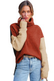 Clay Red Color Block Turtle Neck Drop Shoulder Knit Sweater