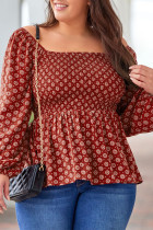 Red Plus Size Square Neck Printed Peplum Top