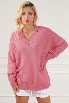 Pink Distressed Fringed Detail V Neck Baggy Sweater