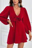 Red Deep V Front Tie Flare Dress