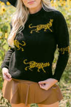 Black Cheetah Pattern Knit Round Neck Sweater