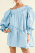 Sky Blue Exquisite Trim Puff Sleeve Asymmetric Swing Mini Dress