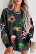 Black Sequined Christmas Graphic Corded Sweatshirt