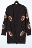 Black Sequined Rugby Graphic Cable Knit Open Cardigan