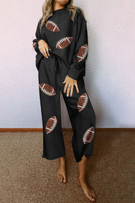 Black Textured Sequined Rugby Graphic Wide Leg Pants Set
