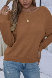 Brown Backless Waffle Knit Long Sleeves Top