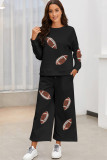 Black Textured Sequined Rugby Graphic Wide Leg Pants Set