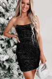 Black Velvet Sequin Lace-Up Tube Mini Dress