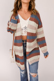 Blue Striped Color Block Hollowed Knit Cardigan