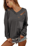 Gray Distressed V Neck Patch Pocket Long Sleeve Top