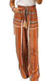 Gold Flame Boho Printed Tassel Drawstring Wide Leg Pants