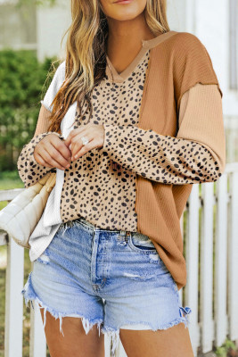 Leopard Print Waffle Knit Patchwork Exposed Seam Top