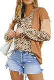 Leopard Print Waffle Knit Patchwork Exposed Seam Top