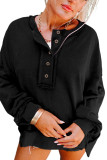 Black Drop Shoulder Henley Buttons Sweatshirt