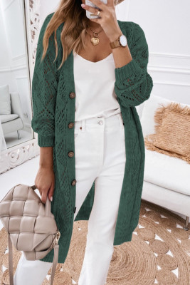 Blackish Green Hollow-out Openwork Knit Cardigan