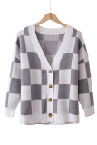 Gray Contrast Checkered Print Button Up Sweater Cardigan
