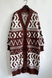 Geometric Knit Open Button Long Length Cardigan