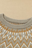 Gray Geometric Pattern Ribbed Round Neck Sweater