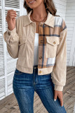 Khaki Corduroy Splicing Plaid Button Crop Jacket
