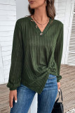Army Green V Neck Button Twisted Rib Long Sleeves Top