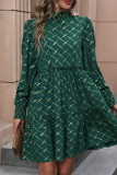 Green Gold Printing Long Sleeves Dress 