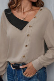 Brown V Neck Button Long Sleeves Top 