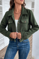 Dark Green Open Button Fleece Crop Jacket