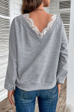 Grey V Neck Lace Edge Long Sleeves Top
