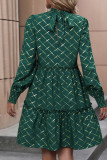 Green Gold Printing Long Sleeves Dress 
